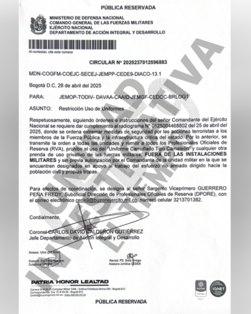 Comunicado oficial del Ministerio de Defensa Nacional